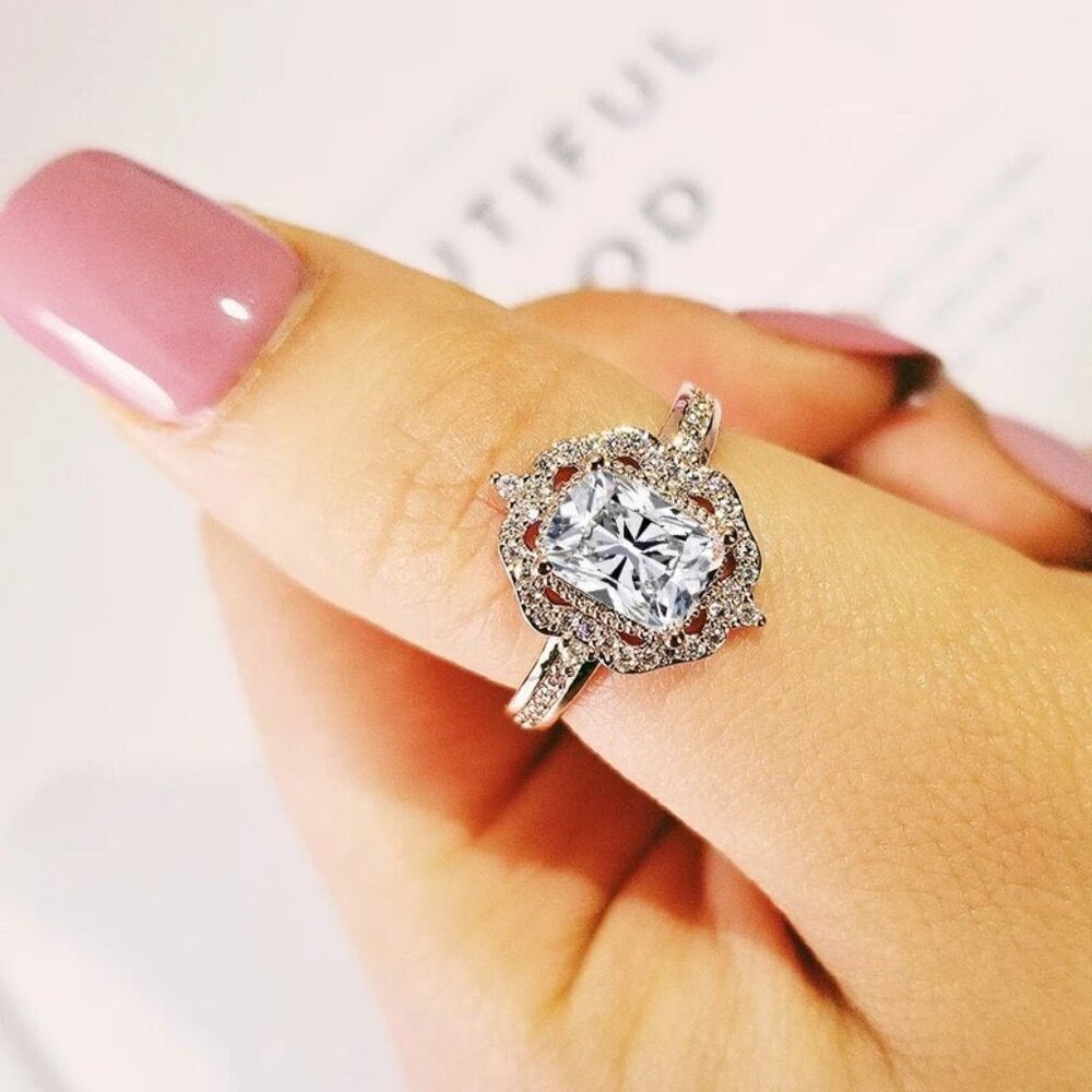 Women's CZ Emerald Cut Ring with a Cushion Setting on a Sterling Silver Band